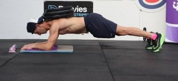 Weighted 50kg forearm, toes plank hold - Holding for 5 minutes 5.93 Seconds